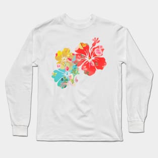 PixDezines Aloha Hibiscus in Coral Orange, Yellow, Aqua Long Sleeve T-Shirt